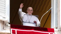 Pope Francis waves during the Angelus at the Vatican July 18, 2021. Vatican Media/CNA.